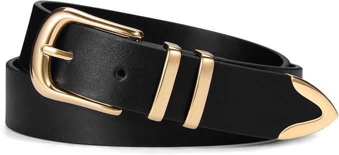 Women Leather Belt with Gold Buckle for Dresses & Jeans