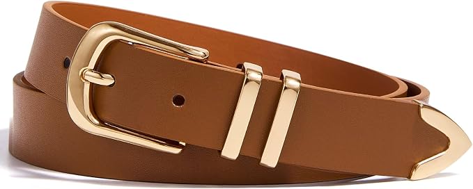 Women Leather Belt with Gold Buckle for Dresses & Jeans