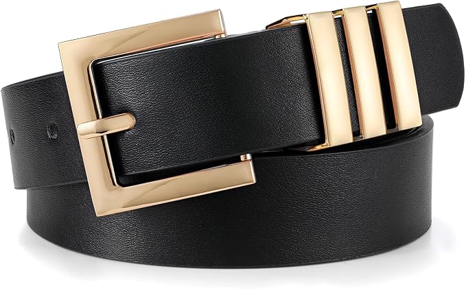 Plus Size Women's Leather Belt with Square Gold Buckle
