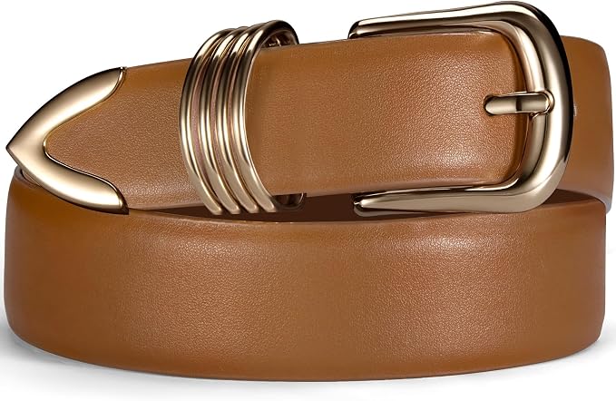 Women's Leather Belt with Gold Buckle for Jeans & Dresses
