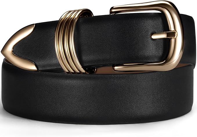 Women's Leather Belt with Gold Buckle for Jeans & Dresses